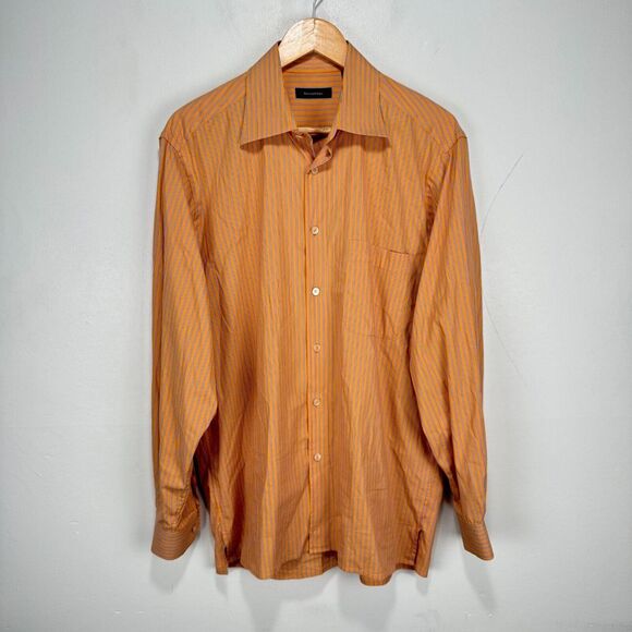 Ermenegildo Zegna Button Shirt Men Large Orange Blue Striped Cotton Nylon Casual - Picture 1 of 11